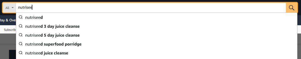 Amazon's search box part-way through typing the brand name, with its suggested searches