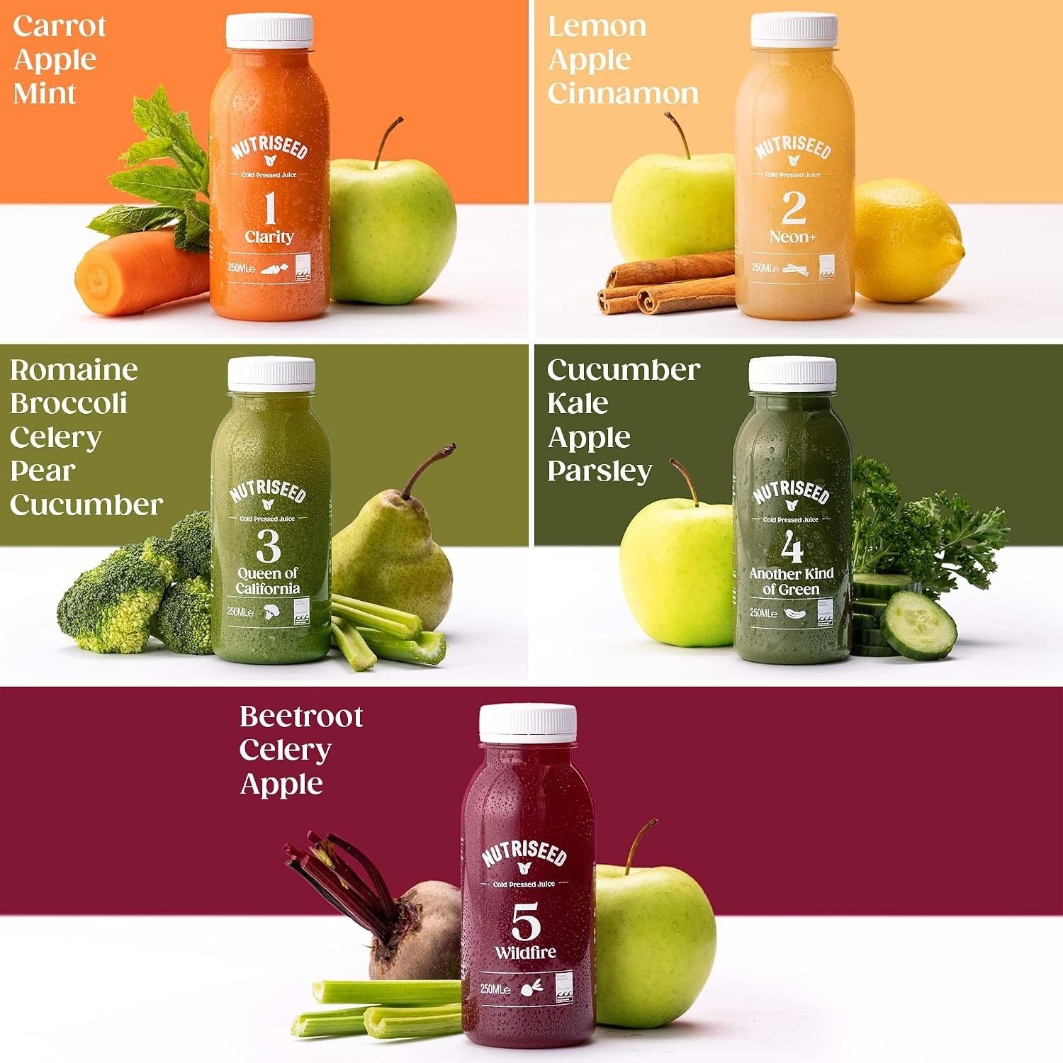 The Nutriseed cold-pressed juice range, each bottle shown with its ingredients