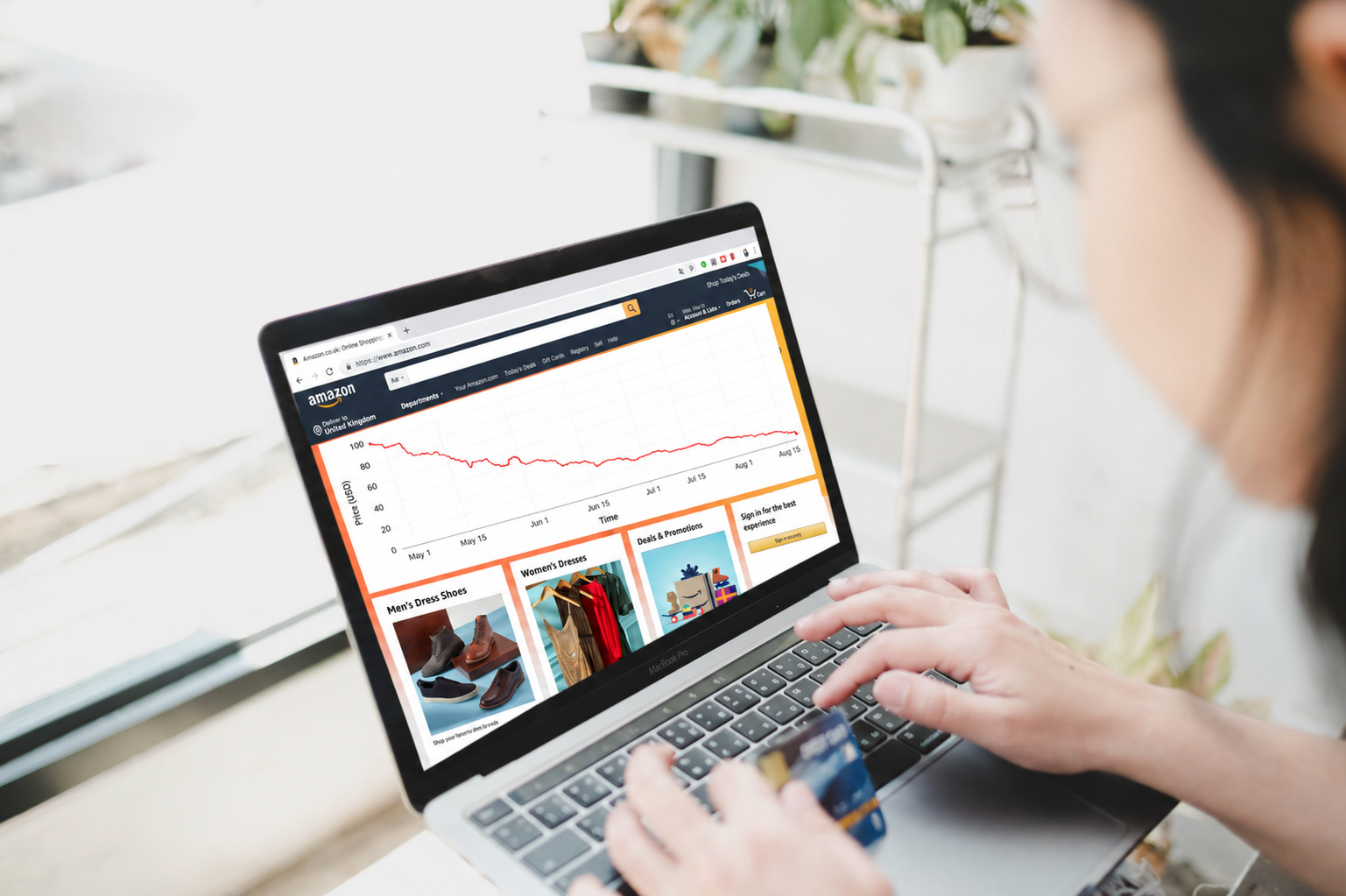 Shopping on Amazon from a laptop, with a price-history chart overlaid on the listing